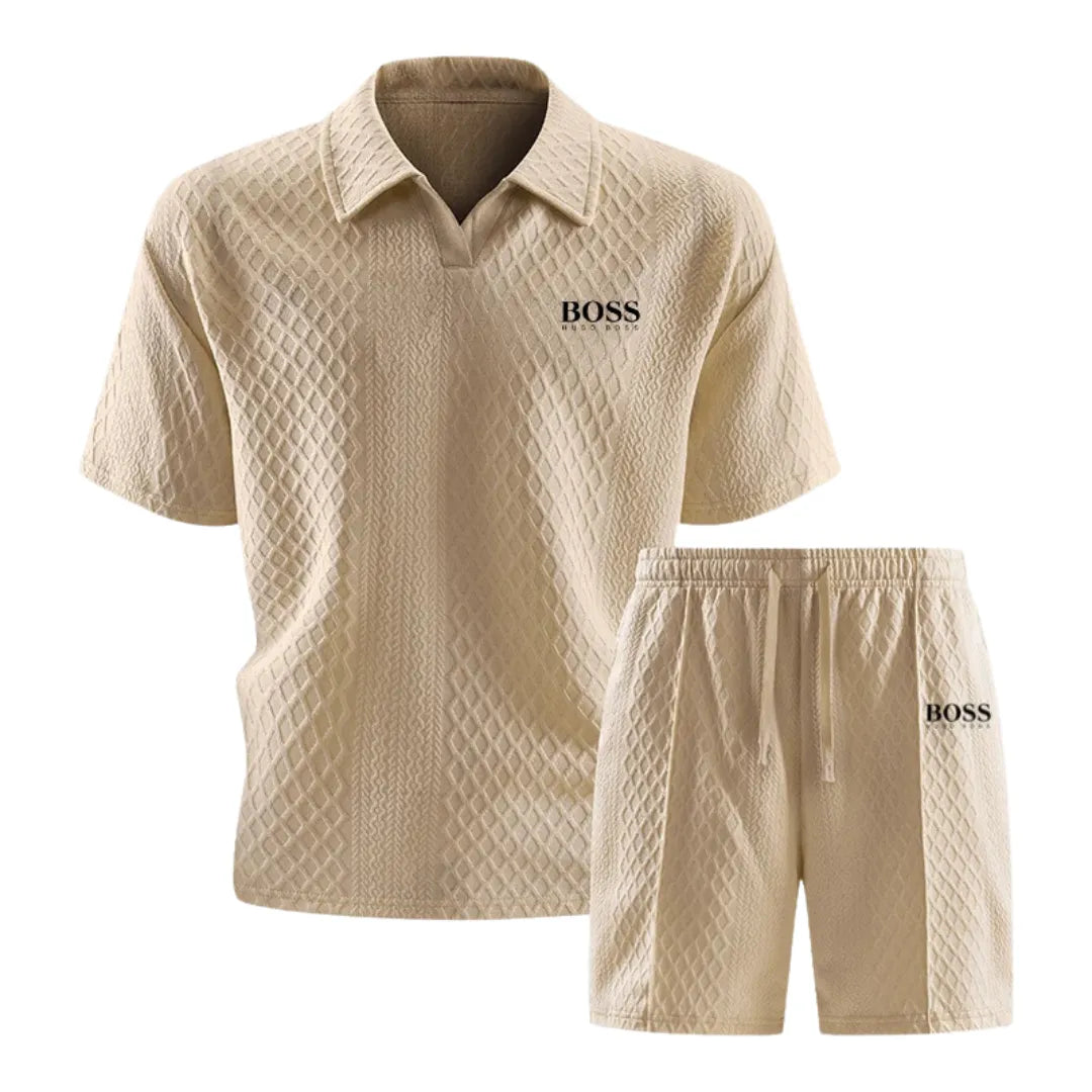 HB-Men's Premium Set with Textured Polo and Coordinated Shorts