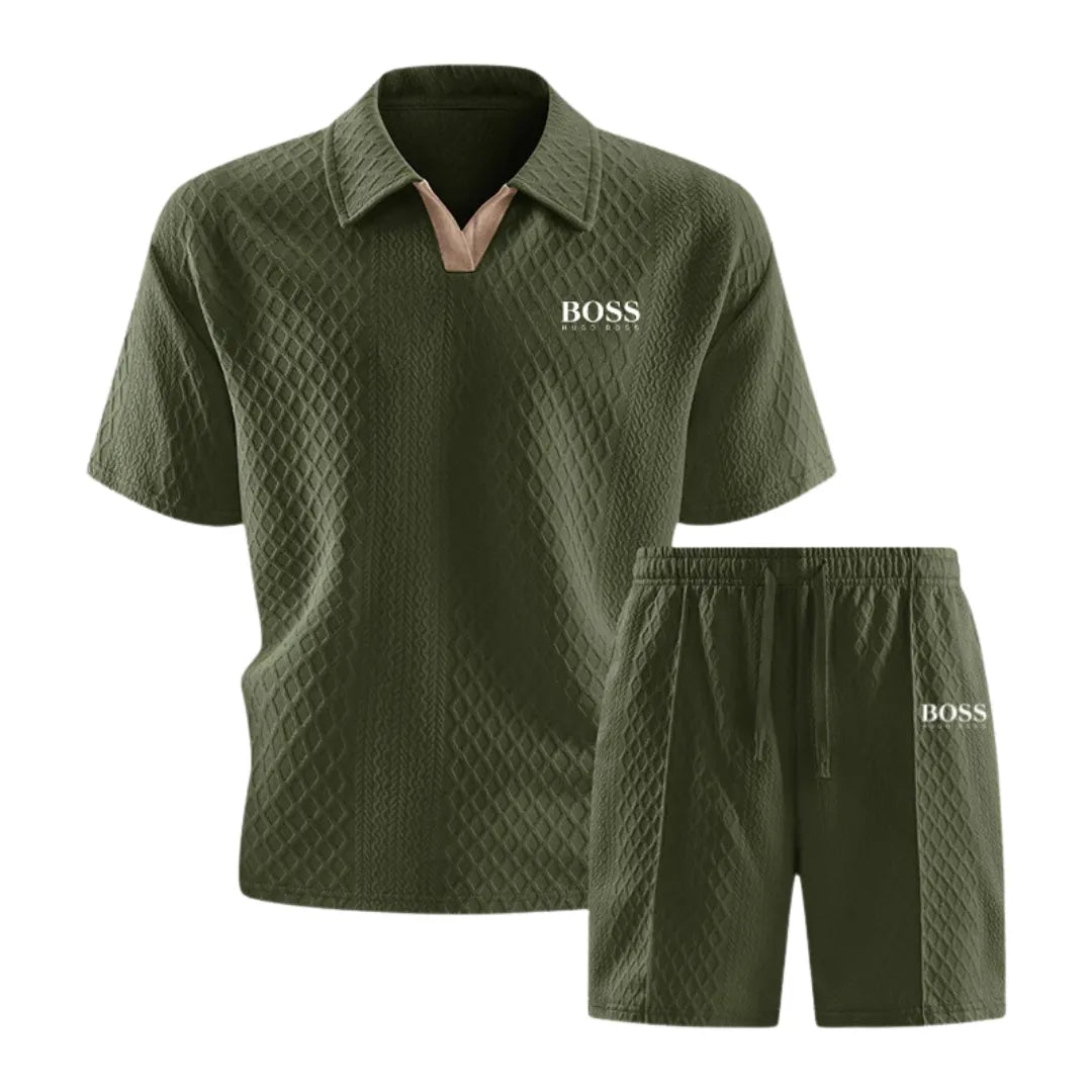 HB-Men's Premium Set with Textured Polo and Coordinated Shorts