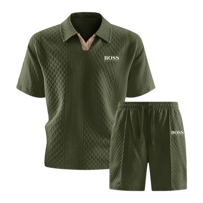 HB-Men's Premium Set with Textured Polo and Coordinated Shorts