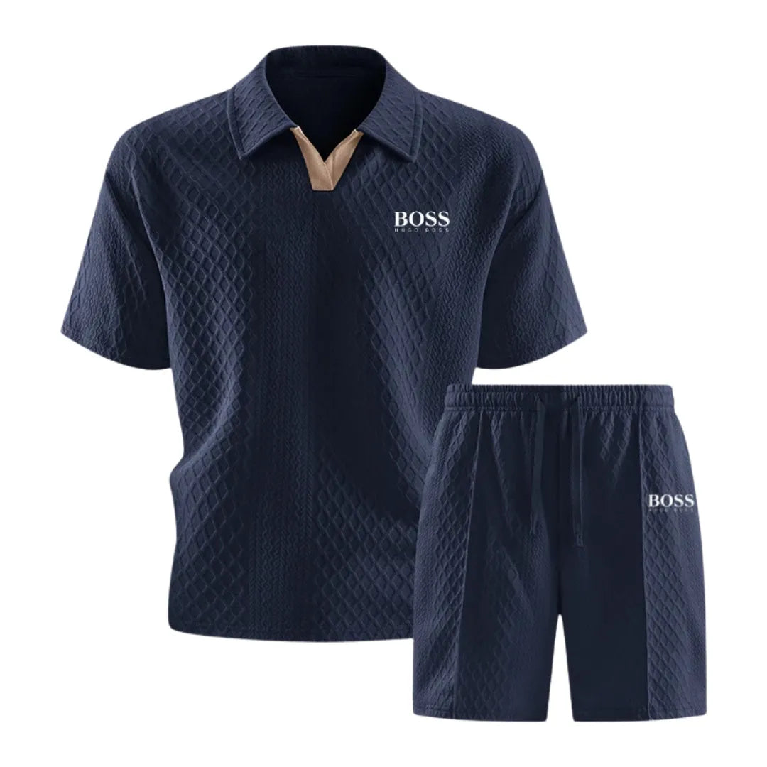 HB-Men's Premium Set with Textured Polo and Coordinated Shorts