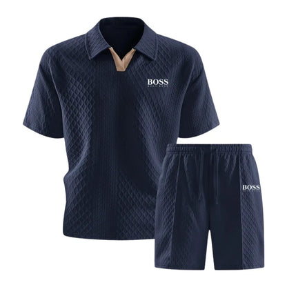 HB-Men's Premium Set with Textured Polo and Coordinated Shorts