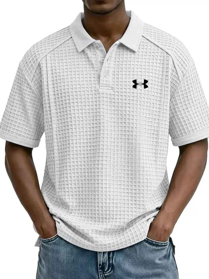 2026 New Men's Retro Waffle Knit Collar Short-Sleeve Polo Shirt/T-Shirt