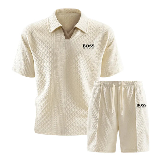 HB-Men's Premium Set with Textured Polo and Coordinated Shorts