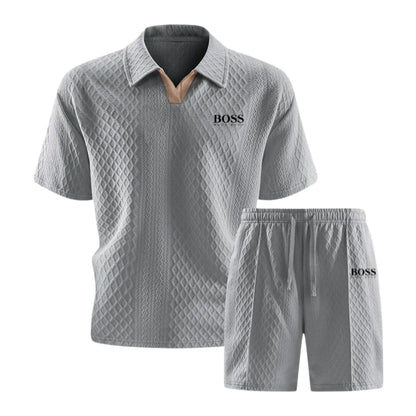 HB-Men's Premium Set with Textured Polo and Coordinated Shorts