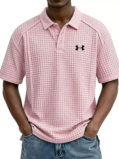2026 New Men's Retro Waffle Knit Collar Short-Sleeve Polo Shirt/T-Shirt
