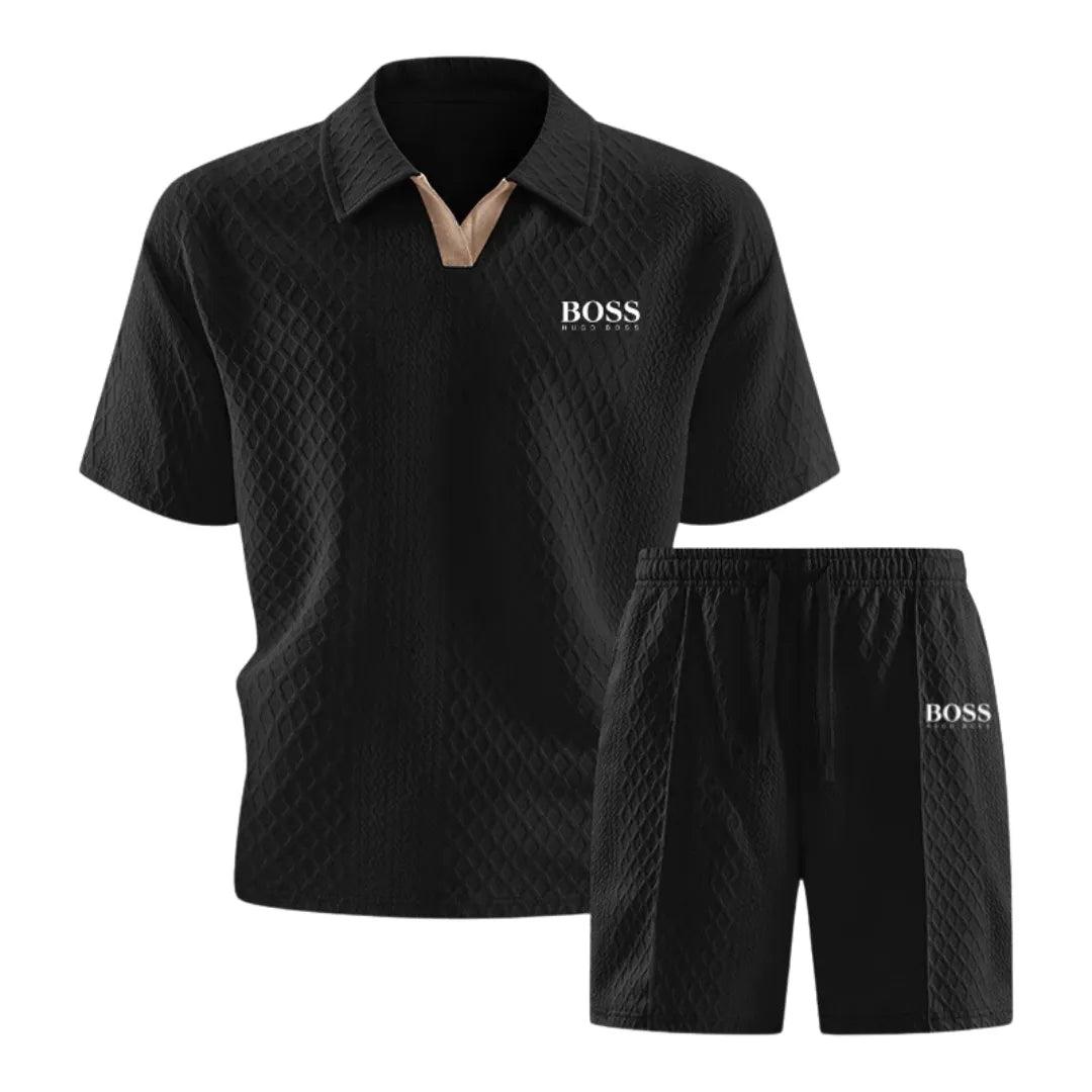 HB-Men's Premium Set with Textured Polo and Coordinated Shorts