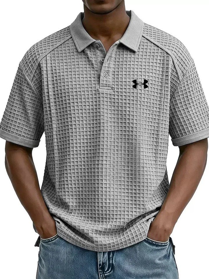 2026 New Men's Retro Waffle Knit Collar Short-Sleeve Polo Shirt/T-Shirt