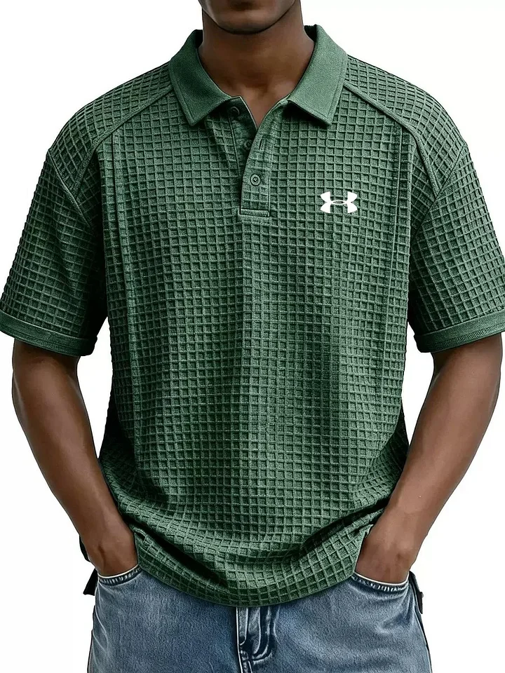 2026 New Men's Retro Waffle Knit Collar Short-Sleeve Polo Shirt/T-Shirt