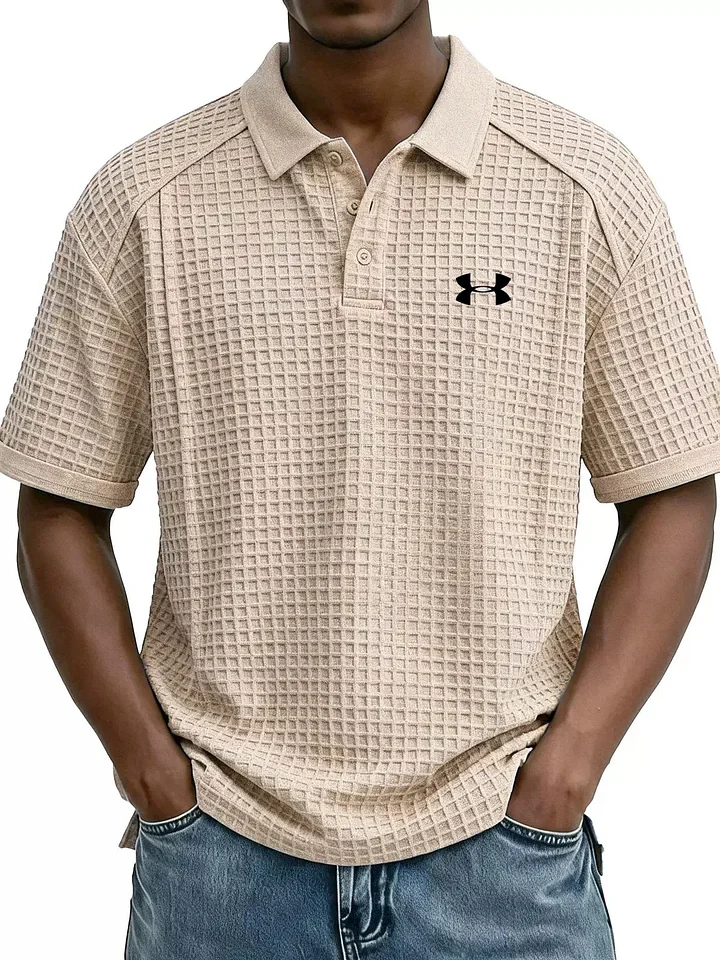 2026 New Men's Retro Waffle Knit Collar Short-Sleeve Polo Shirt/T-Shirt