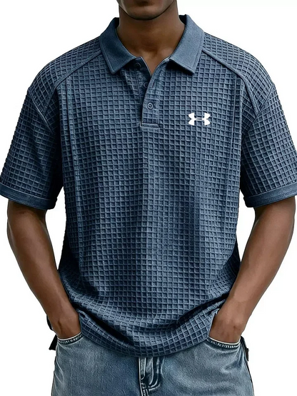2026 New Men's Retro Waffle Knit Collar Short-Sleeve Polo Shirt/T-Shirt